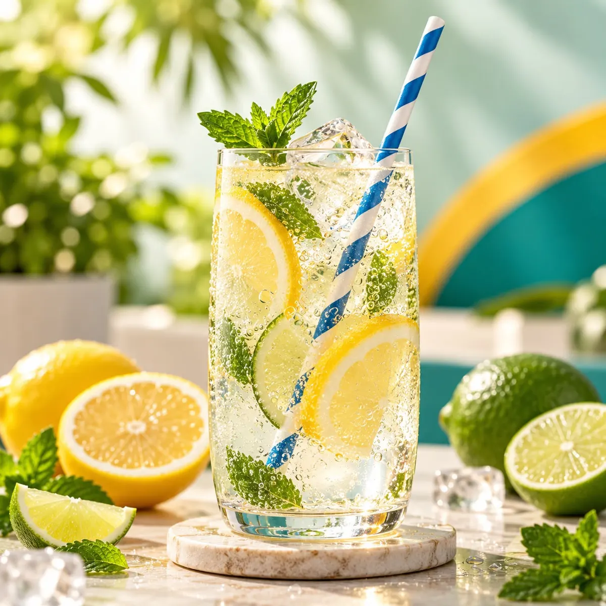 Glass of lemonade with a blue stripe paper straw