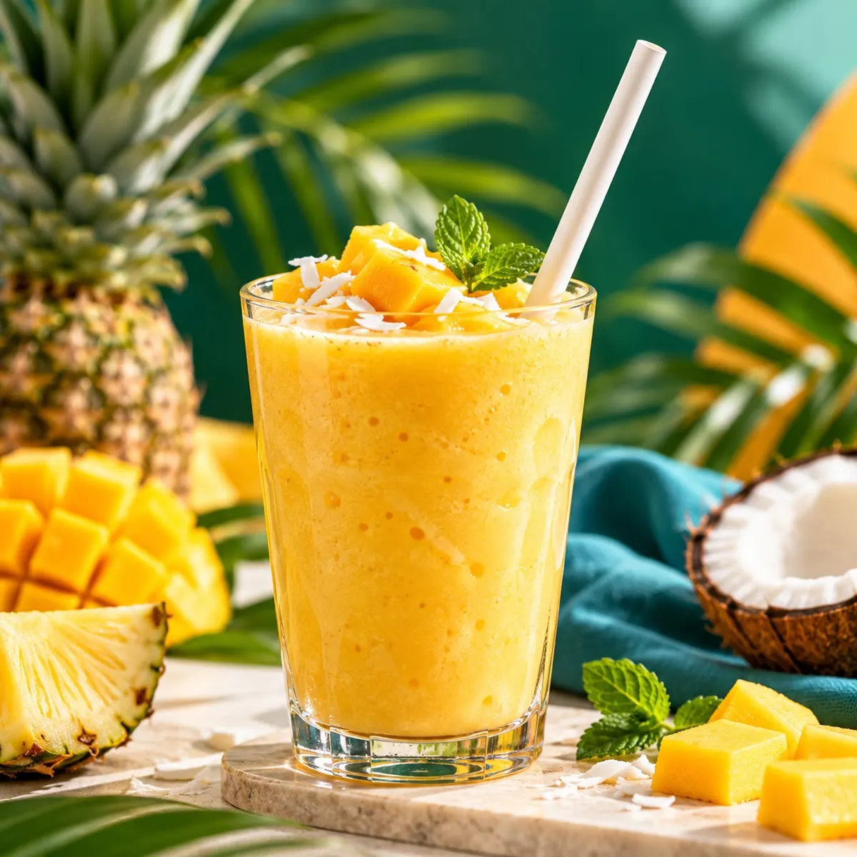 Mango smoothie with a white smoothie straw